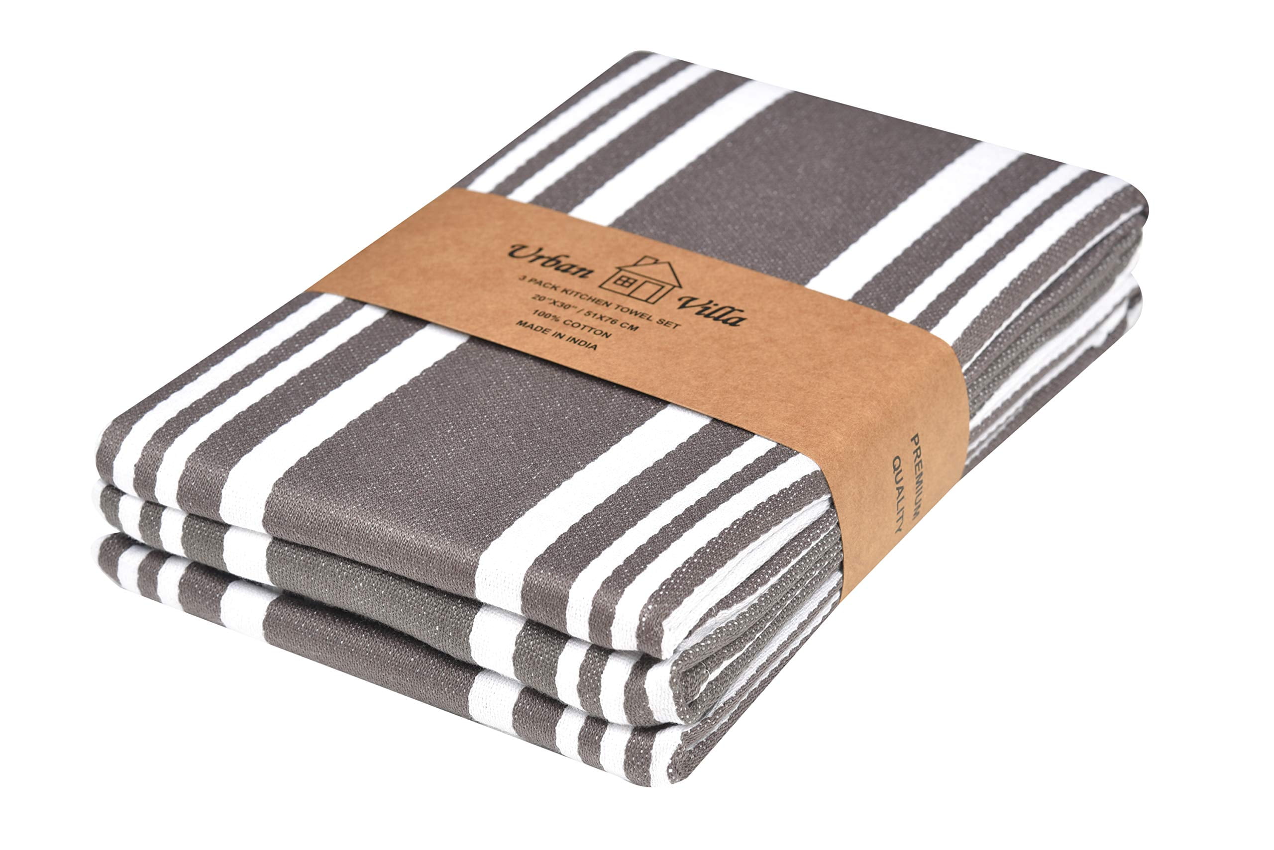 Urban Villa Set of 3 Kitchen Towels Highly Absorbent 100% Cotton Dish Towel  20X30 inch with Mitered Corners Trendy Stripes Indigo Blue/White Bar Towels  & Tea Towels 