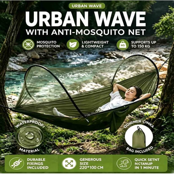 Urban Wave Camping Hammock with Mosquito Net, Portable Lightweight Hammock with Quick Setup, 440 lbs Capacity Waterproof Hammock for Outdoor Hiking Backpacking Backyard, with Carry Bag and Fixings