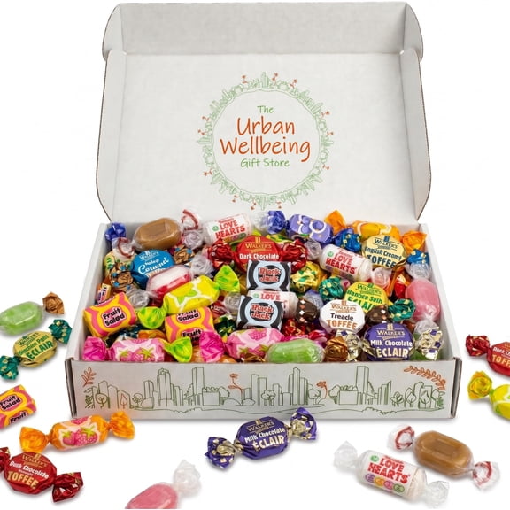 Urban Wellbeing Assorted Sweets Gift Box 1kg, Selection of 16 Different Toffees, Boiled Sweets & Retro Chews, Individually Wrapped Luxury Sharing Treats Gift