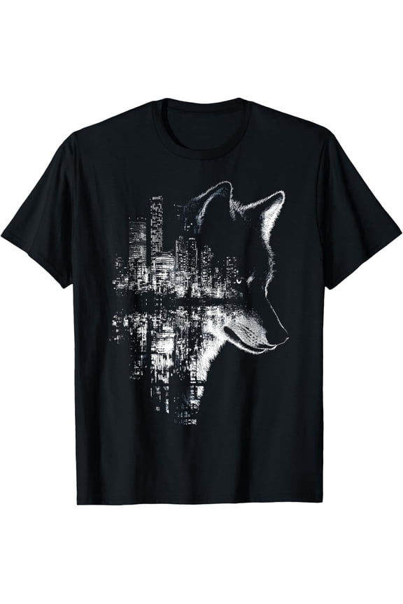 Urban Wolf City Skyline Double Exposure Graphic T-Shirt Retro Wildlife Nature Art Men's Unisex Black Tee