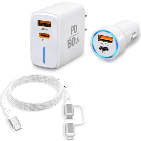UrbanBlue 3-Piece Fast Charging Pack PD 50W  Dual USB-A & Type-C Wall + Car Charger Combo with 4 ft Type-C Cable