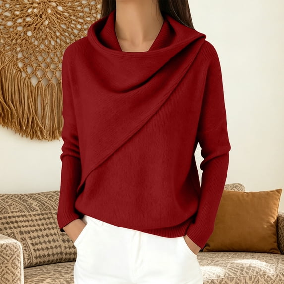 UrbanFashion Women’s Cowl Neck Knit Sweater Cozy Long Sleeve Soft Pullover Elegant Retro Top