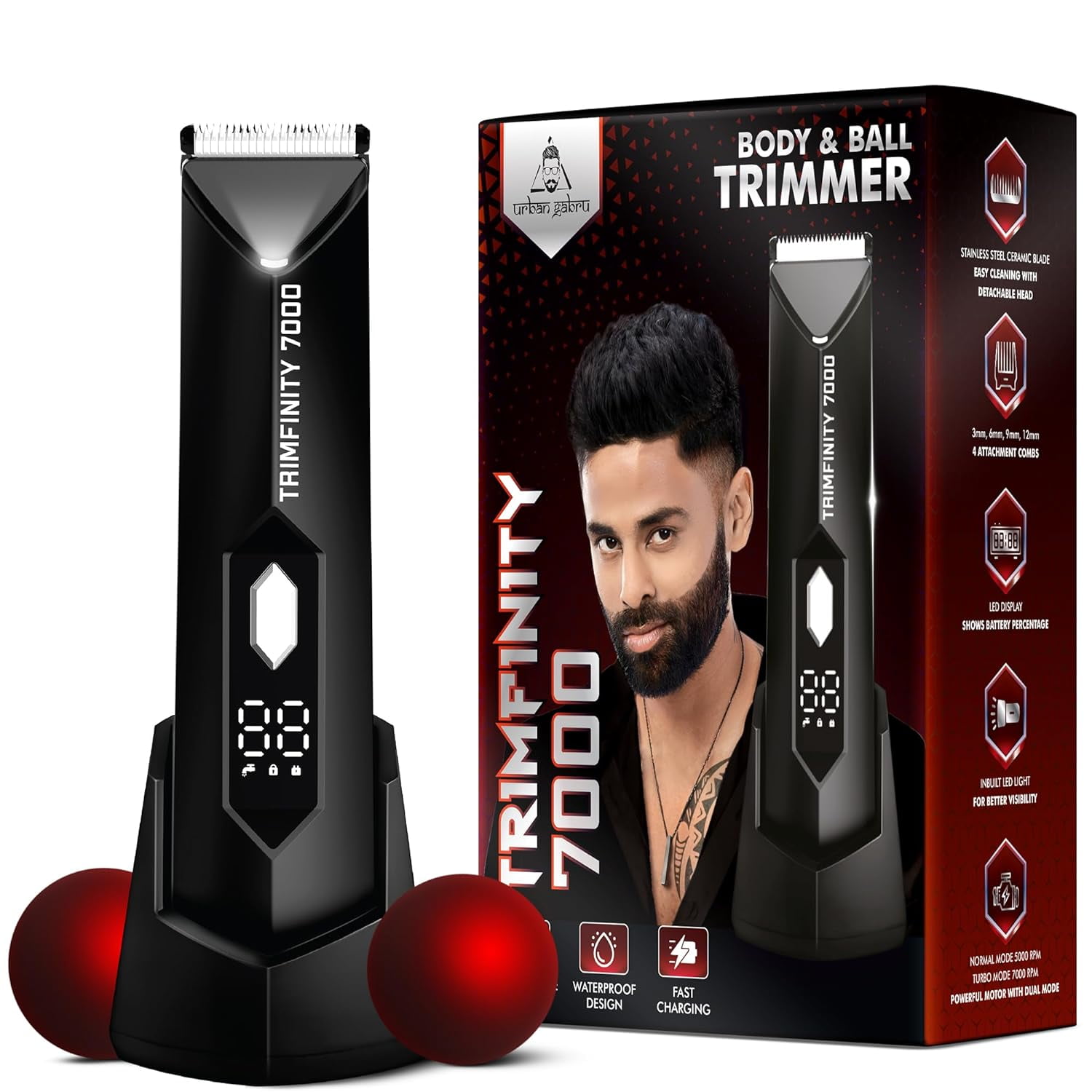 UrbanGabru Trimfinity 7000 Body Trimmer for Men | Safest Body & Ball Trimmer | Waterproof, Ceramic Blades, Cordless, Rechargeable | Wireless Fast Charging, Travel Lock