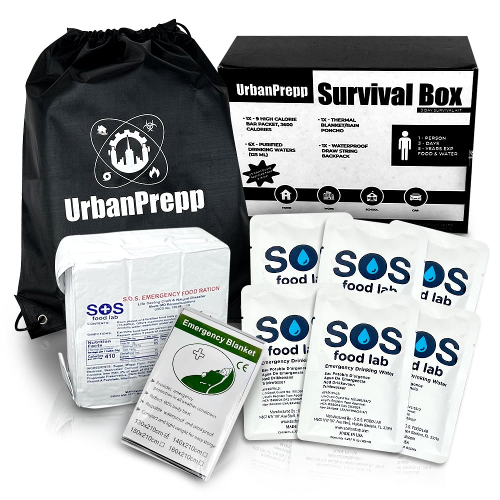 UrbanPrepp 72 Hour Survival Box - 1 Person Emergency Food, Water, Thermal Blanket