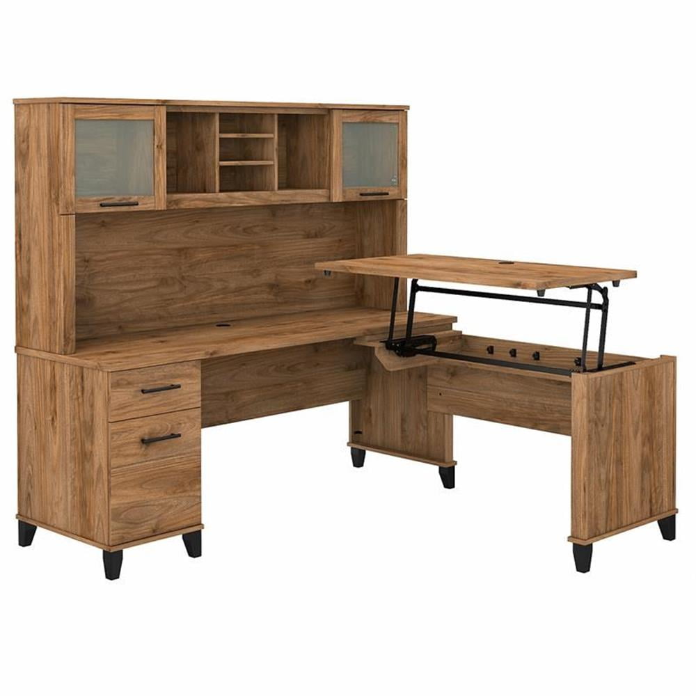 Fresh Walnut 72" L-Shaped Sit-Stand Desk with Hutch and File Cabinet