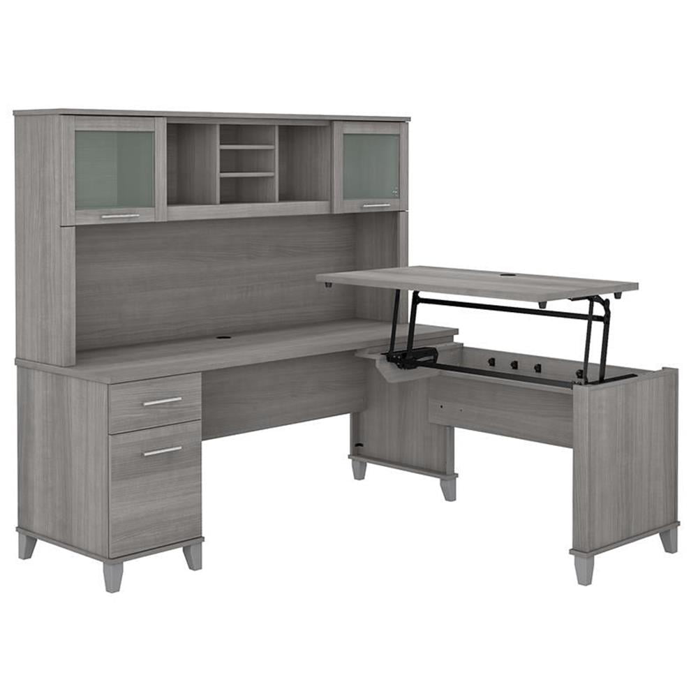 Platinum Gray Transitional L-Shaped Desk with Hutch and Bookcase