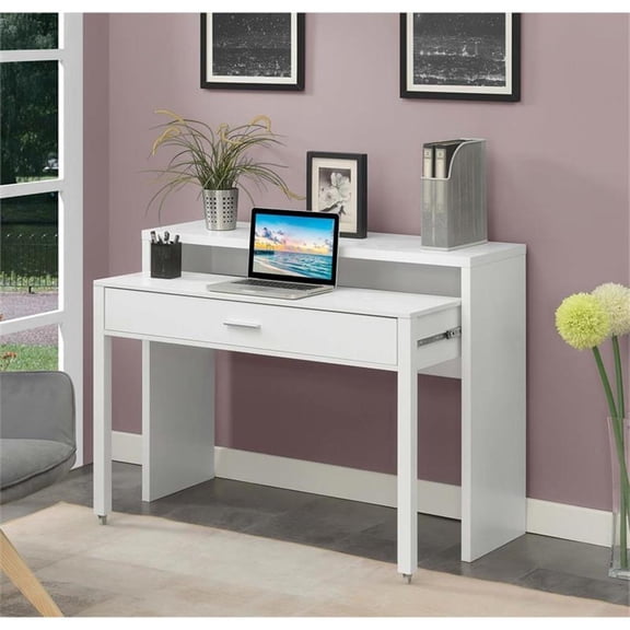 UrbanPro Modern Console/Sliding Desk with Drawer and Riser in White Wood Finish