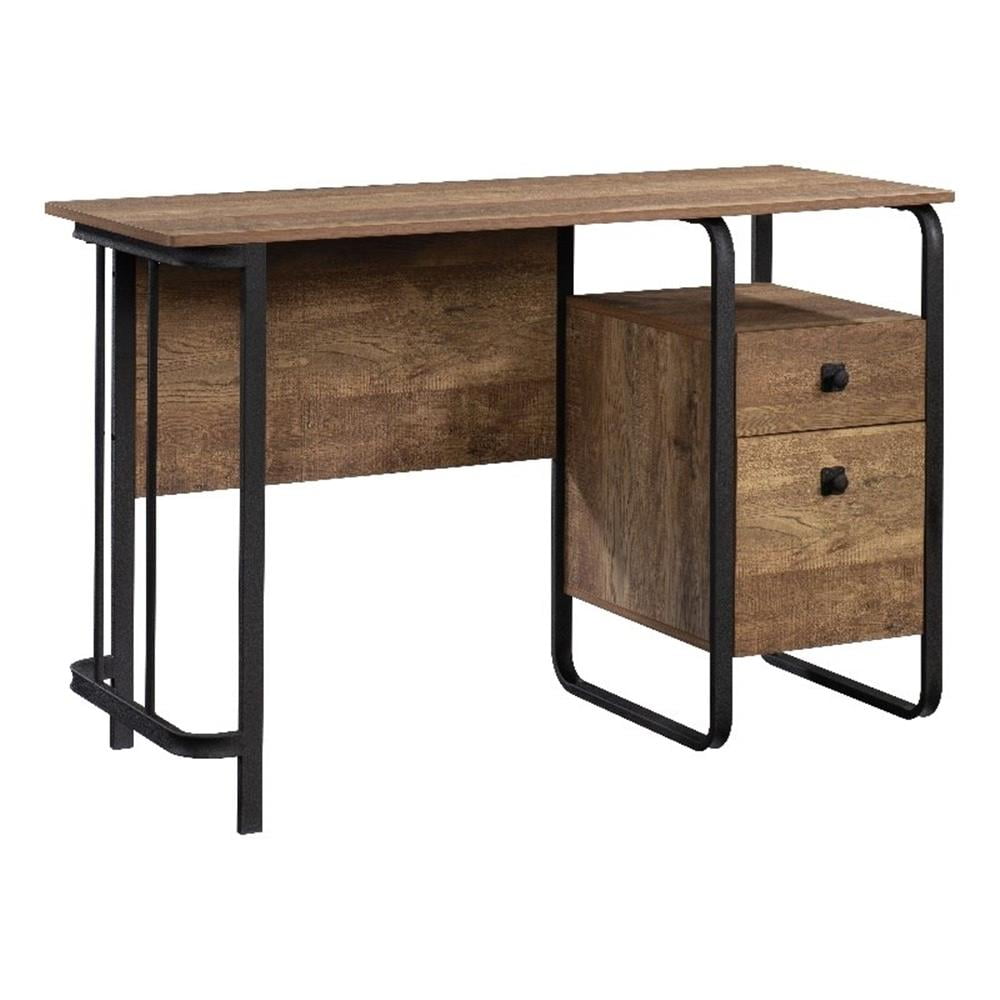 Etched Oak and Black Wood Desk with Drawer and Filing Cabinet