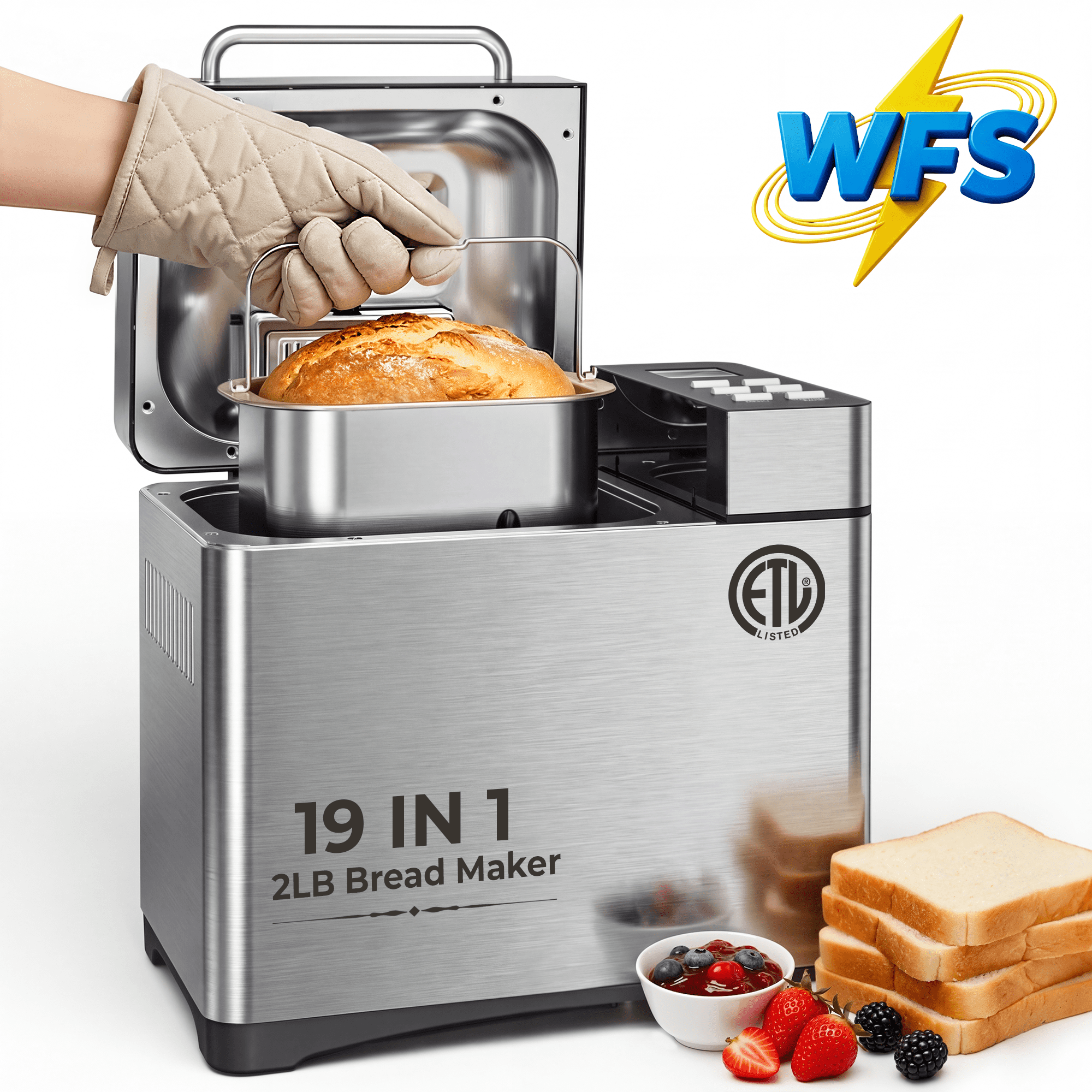 Bread Maker, 19-in-1 2LB Amumu Automatic Bread Machine, LCD Display, Beginner-Friendly Controls, Nonstick Pan, Delay Timer, Keep Warm, Stainless Steel, Silver