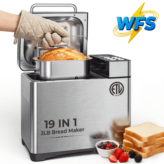 Bread Maker, 19-in-1 2LB Amumu Automatic Bread Machine, LCD Display, Beginner-Friendly Controls, Nonstick Pan, Delay Timer, Keep Warm, Stainless Steel, Silver