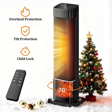 Nepsam 25" 1500W Tower Space Heater , LED Display, 3-Color 3D Flame, Tower Heater with 70 °Oscillation, 4 Modes & 24H-Timer, Remote Control for Living Room, Office, Bathroom