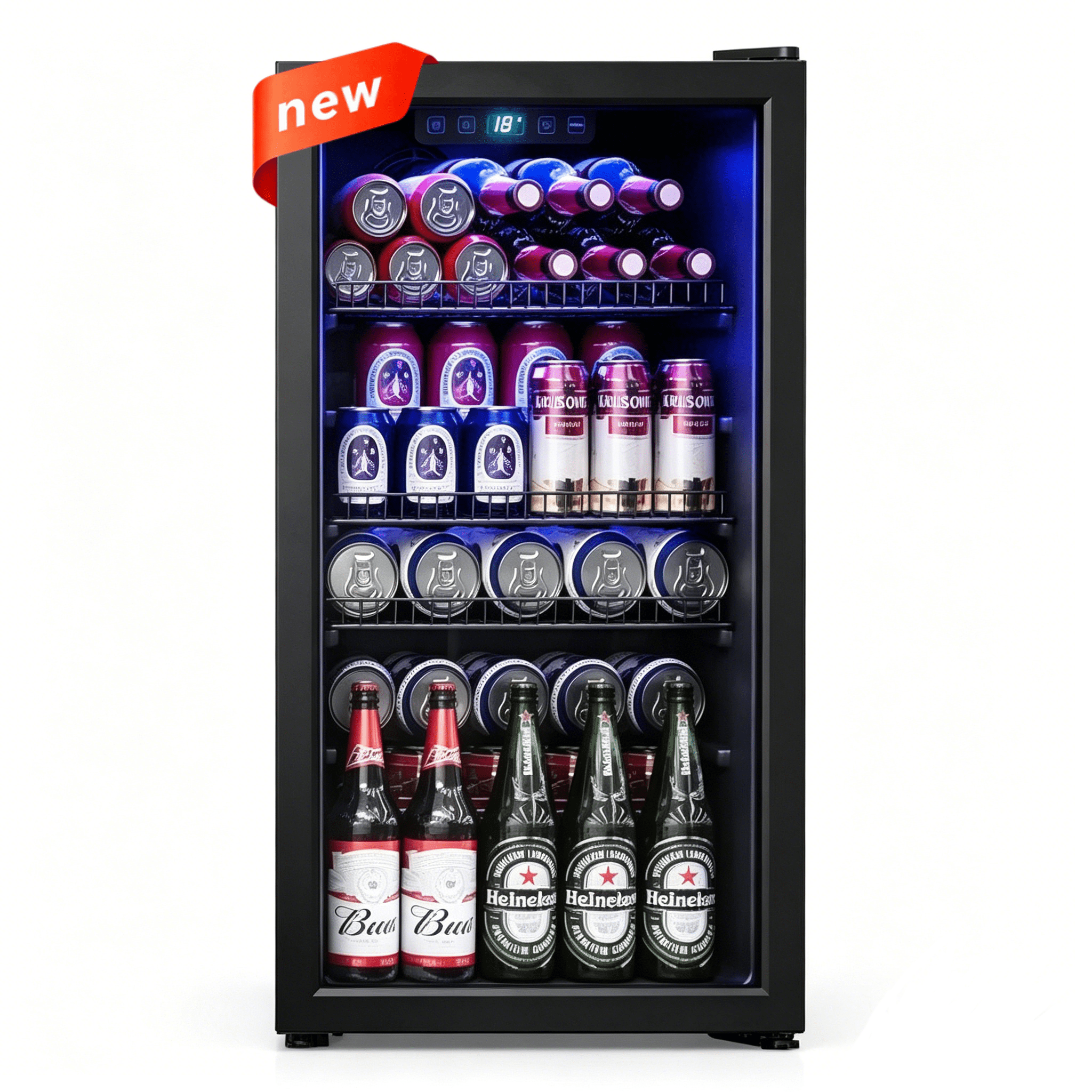 UrbanSync  Beverage Cooler, Freestanding Drink Fridge with Glass Door, Adjustable Shelves, Electronic Temperature Control