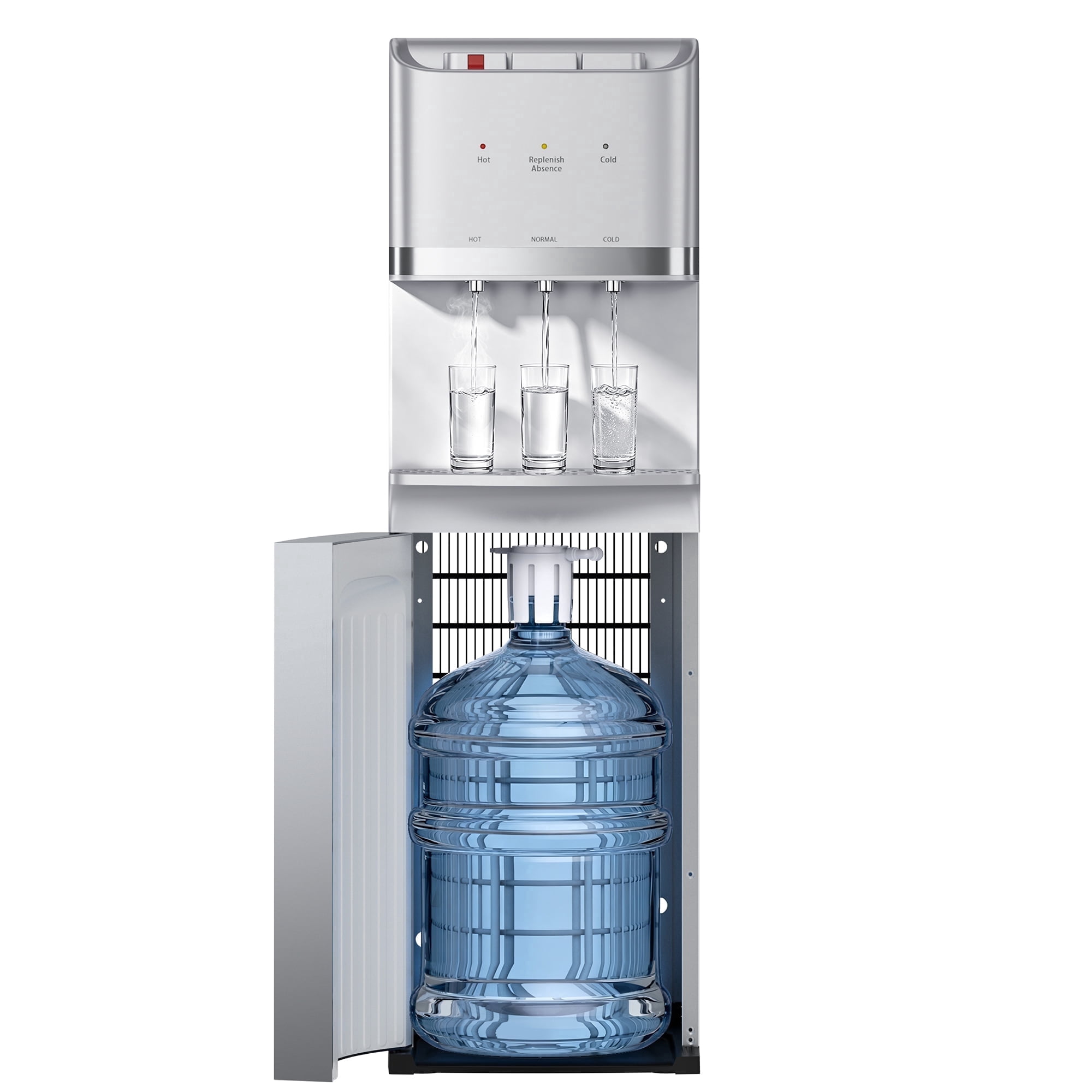 UrbanSync 304 Stainless Steel Bottom Load Water Cooler Dispenser 5 Gal, 3-Spout & 3-Temp Settings,  LED & Child Safety Lock, Silver