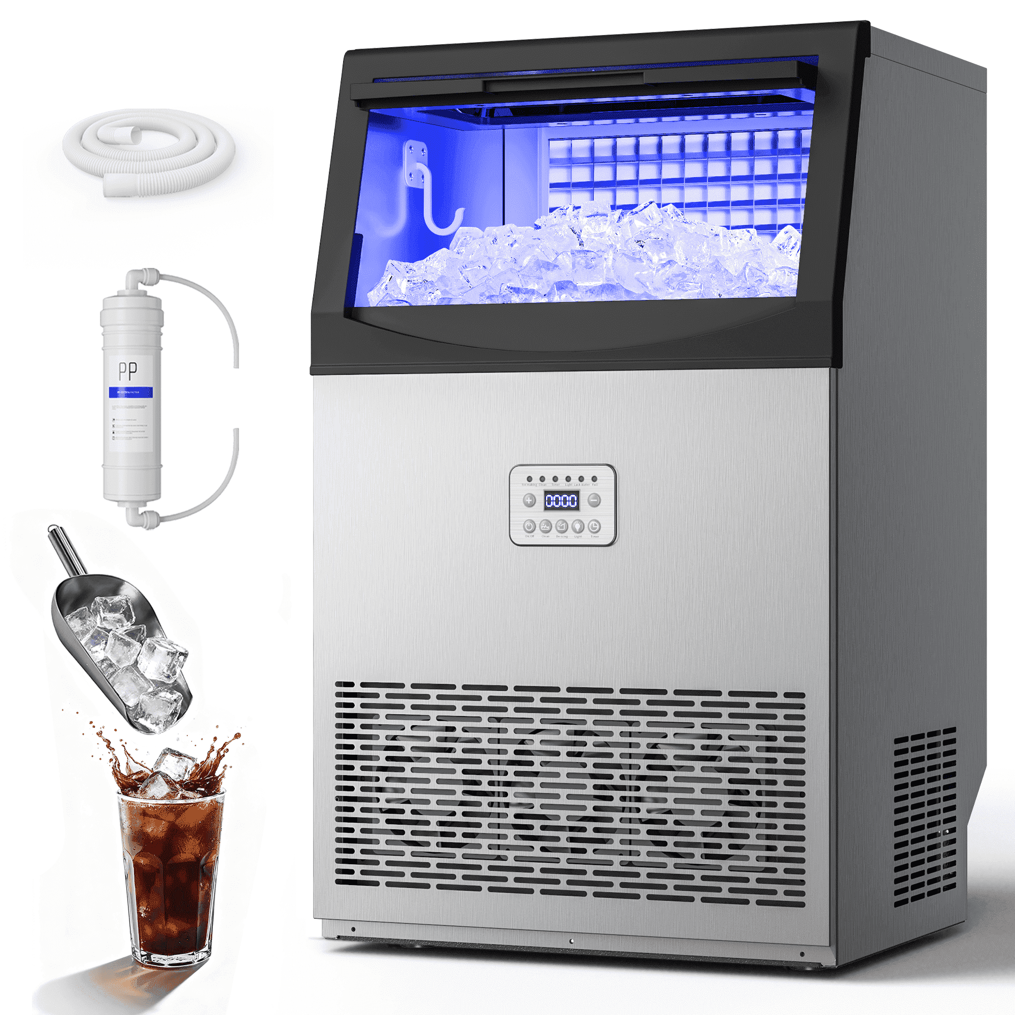 Nepsam Commercial Ice Maker, 100Lbs/24H, 50 Ice Cubes, Stainless Steel Under Counter ice Machine, Self-Cleaning & Timer, for Home & Bar