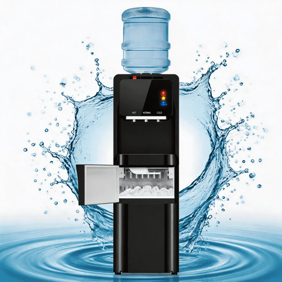 UrbanSync Top Loading Water Cooler Dispenser with Ice Maker, for 3 or 5 Gallon Bottle, Ice/Hot/Room/Cold, with Child Lock & Energy-efficient, Black