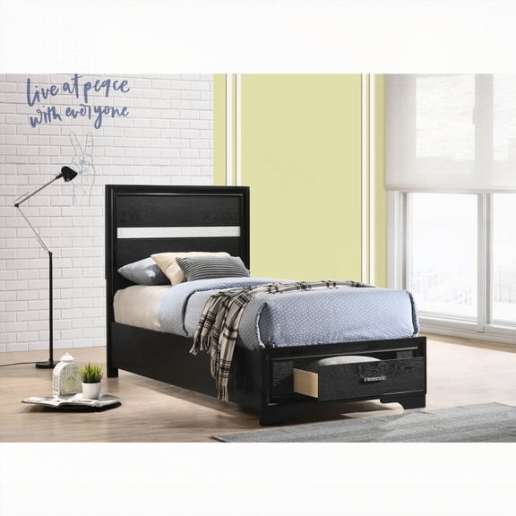 Urbana's Black Twin Storage Panel Bed: Beveled Framing & Crystal-Accented Drawer Pulls