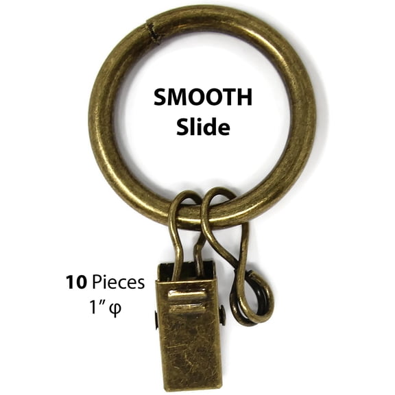 Urbanest 1" Metal Curtain Rings With Clips and Eyelets, Antique Brass, Set of 10