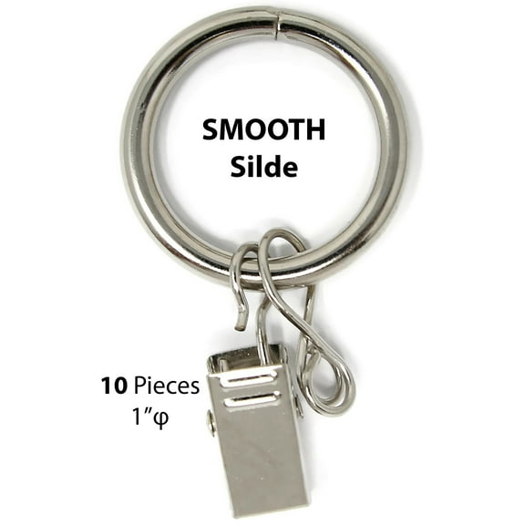 Urbanest 1" Metal Curtain Rings With Clips and Eyelets, Brushed Steel, Set of 10