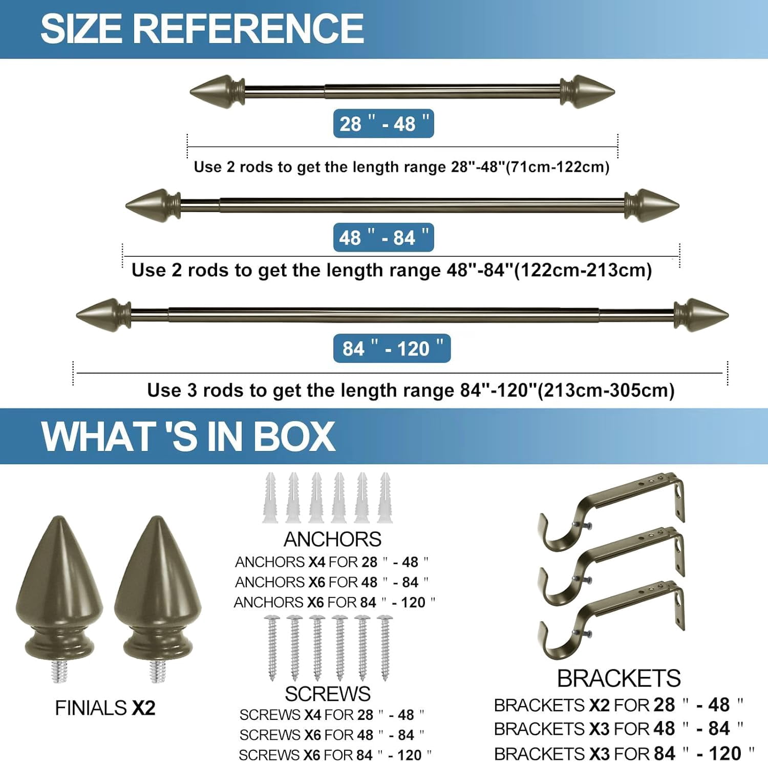 Urbanest Adjustable Single Curtain Rod Set Lance Finials – 5/8-Inch Diameter, With Antique Gold Rod, 28–48 Inches