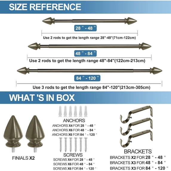 Urbanest Adjustable Single Curtain Rod Set Lance Finials – 5/8-Inch Diameter, With Antique Gold Rod, 28–48 Inches