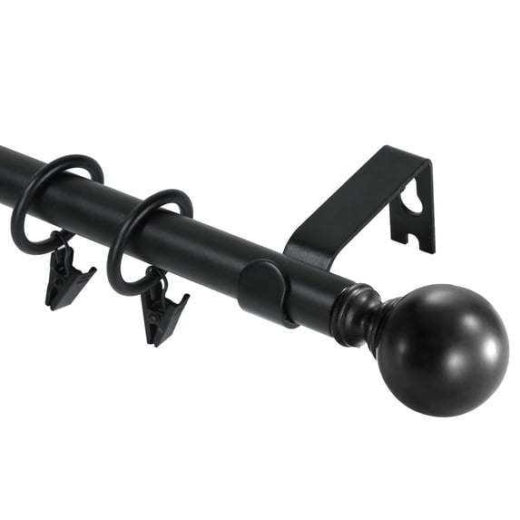Urbanest Single Curtain Rod with 16 Clip Rings & Decorative Ball Finials – Classic Metal Window Drapery Rod Set, Heavy-Duty & Adjustable, 5/8" Diameter, 48" to 84", Matte Black