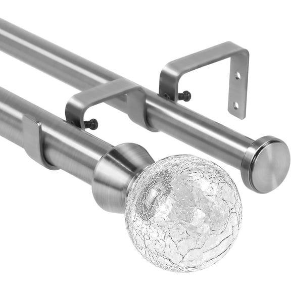Urbanest Adjustable Double Curtain Rod Set Crackle Glass Flat Button Finials – 1″ Front & 3/4″ Back Rod With Brushed Steel Rod, 48–84 Inches