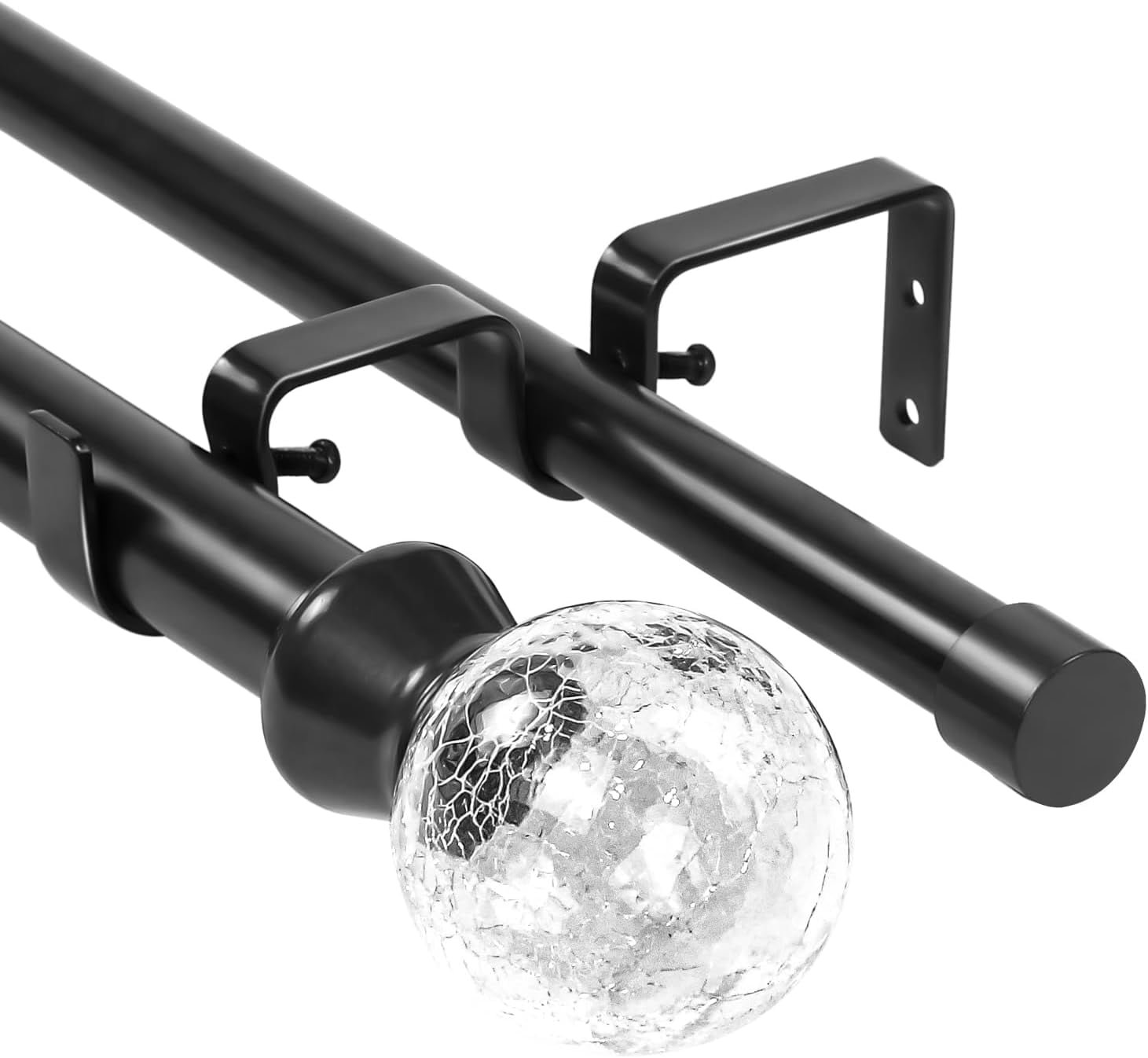 Urbanest Adjustable Double Curtain Rod Set Crackle Glass Manhattan Finials – 1″ Front & 3/4″ Back Rod With Black Rod, 28–48 Inches