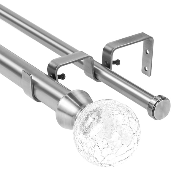 Urbanest Adjustable Double Curtain Rod Set Crackle Glass Manhattan Finials – 1″ Front & 5/8″ Back Rod With Brushed Steel Rod, 48–84 Inches
