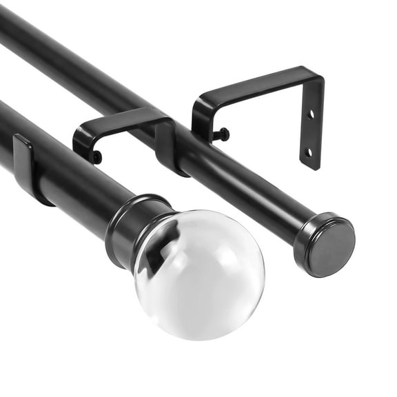Urbanest Crystal Ball Flat Button 1" 3/4" Double Drapery Curtain Window Rod Set - 28" to 48", Black