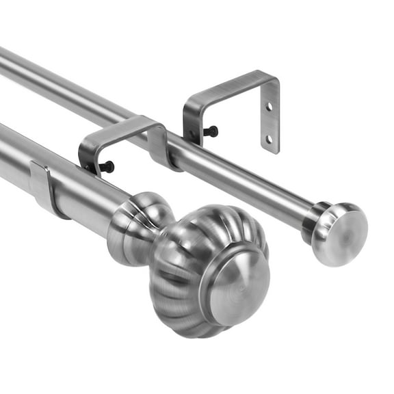 Urbanest Door Knob Flat Button 1" 5/8" Double Drapery Curtain Window Rod Set - 84" to 120", Brushed Steel
