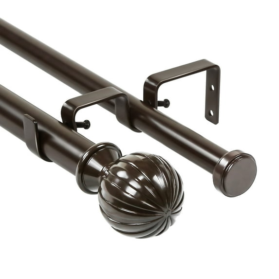 Urbanest Fluted Ball Flat Button 1" 3/4" Double Drapery Curtain Window Rod Set - 28" to 48", Bronze