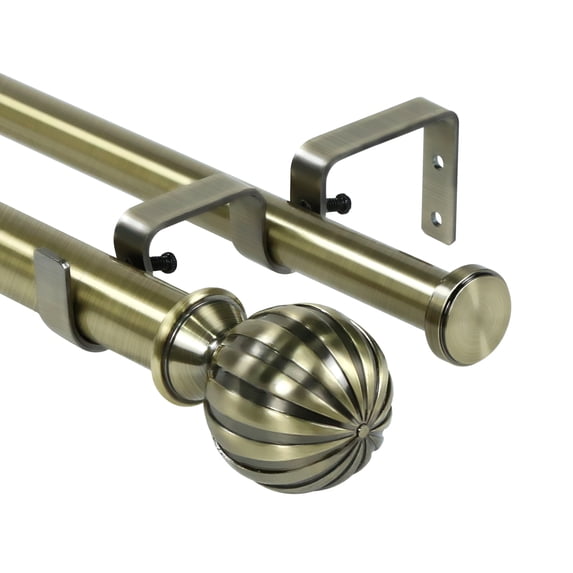 Urbanest Fluted Ball Flat Button 1" 3/4" Double Drapery Curtain Window Rod Set - 48" to 84", Antique Brass