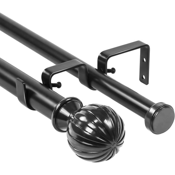 Urbanest Adjustable Double Curtain Rod Set Fluted Ball Flat Button Finials – 1″ Front & 3/4″ Back Rod With Black Rod, 84–120 Inches