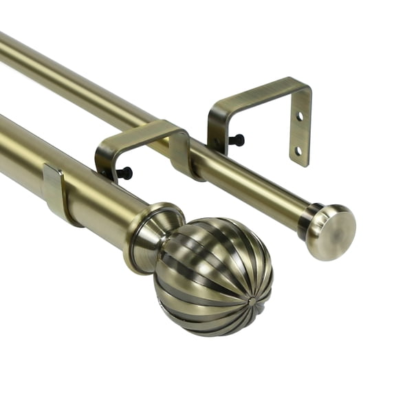 Urbanest Fluted Ball Flat Button 1" 5/8" Double Drapery Curtain Window Rod Set - 28" to 48", Antique Brass