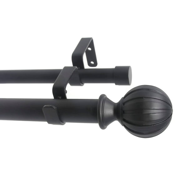 Urbanest Fluted Ball Manhattan 1" 3/4" Double Drapery Curtain Window Rod Set - 28" to 48", Black