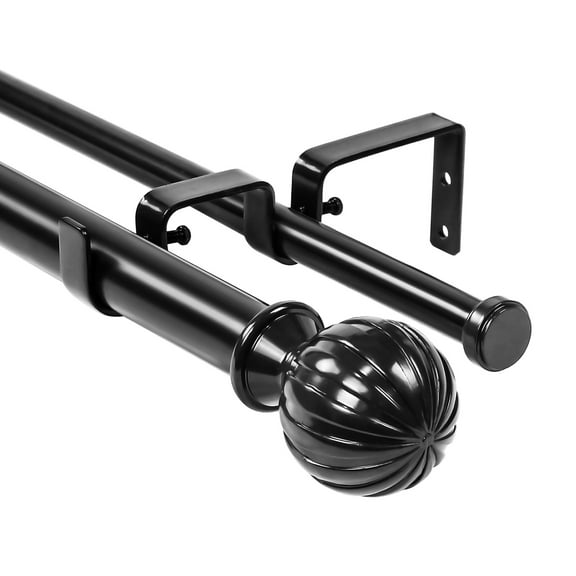 Urbanest Fluted Ball Manhattan 1" 5/8" Double Drapery Curtain Window Rod Set - 28" to 48", Black