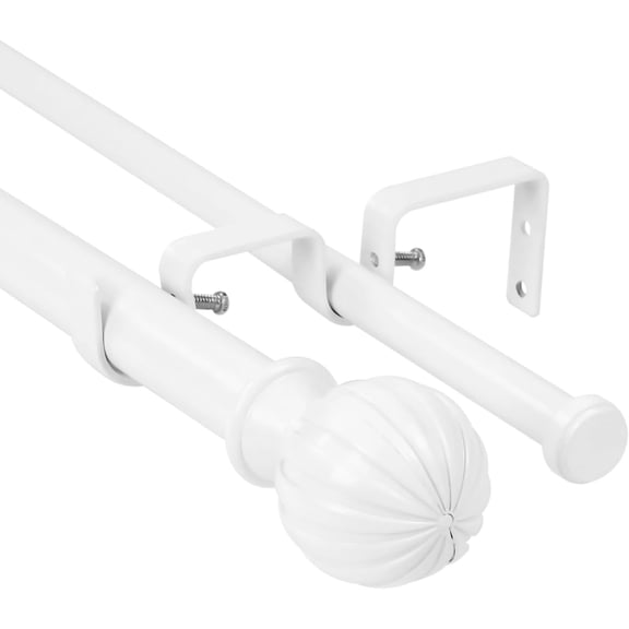 Urbanest Adjustable Double Curtain Rod Set Fluted Ball Manhattan Finials – 1″ Front & 5/8″ Back Rod With Glossy White Rod, 84–120 Inches