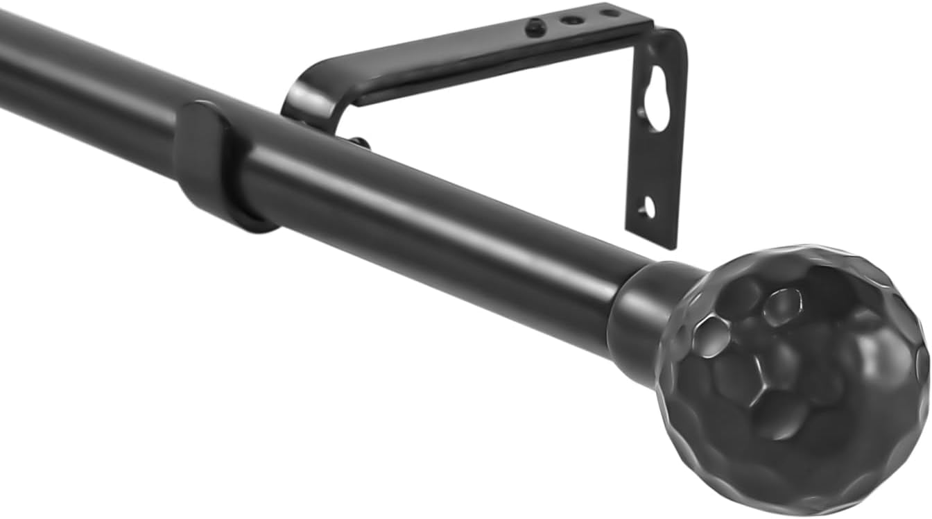 Urbanest Adjustable Single Curtain Rod Set Hammered Ball Finials – 3/4-Inch Diameter, With Black Rod, 28–48 Inches
