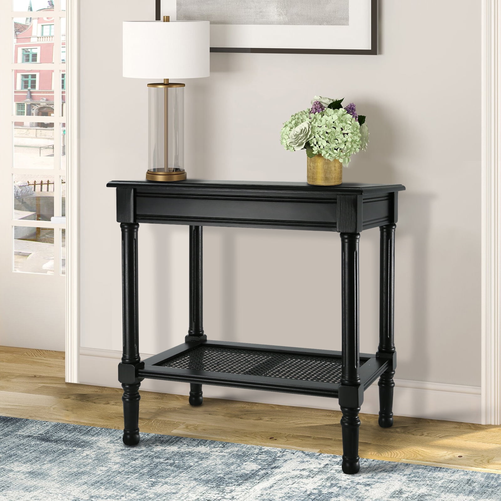 Black Wood and Metal Rectangular End Table with Storage