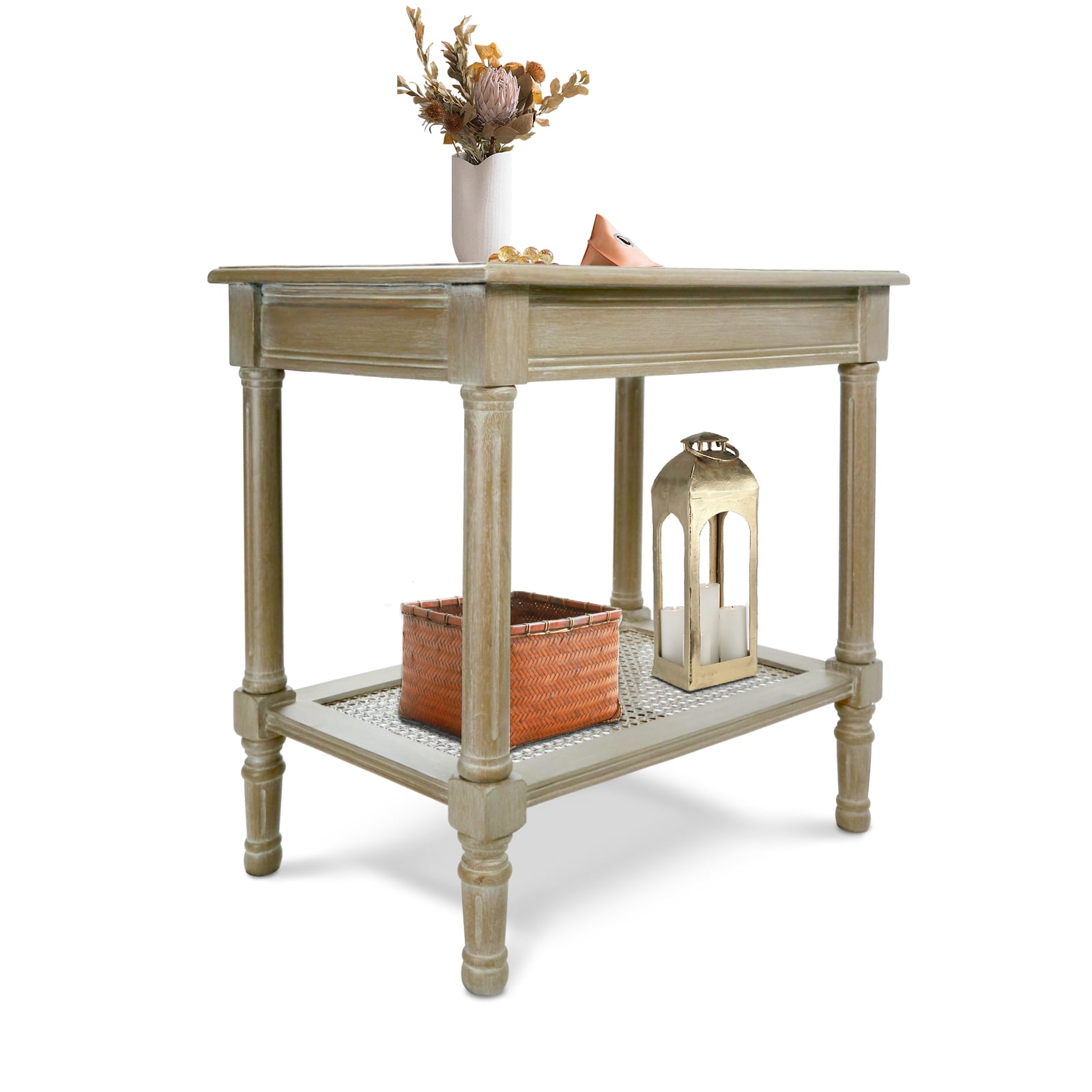 Distressed White Wood End Table with Rattan Shelf