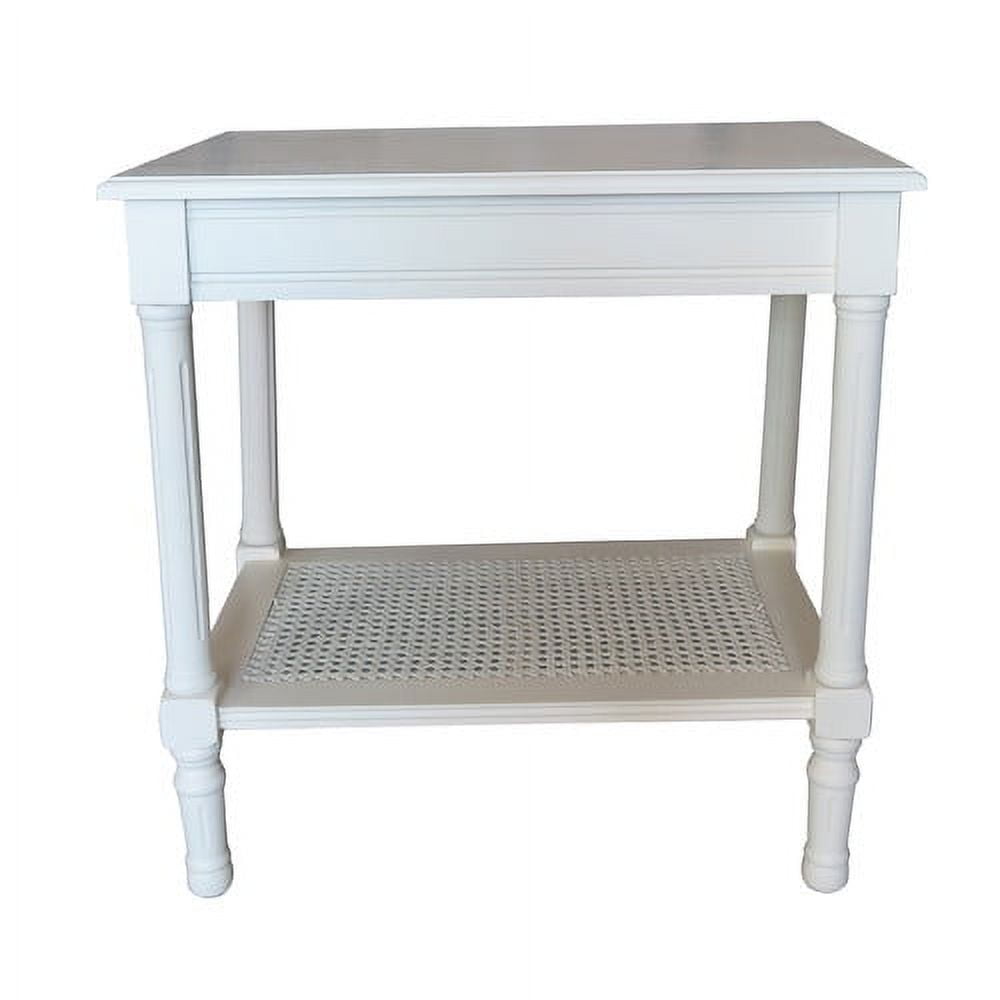 Cream Wood and Rattan Rectangular End Table with Storage