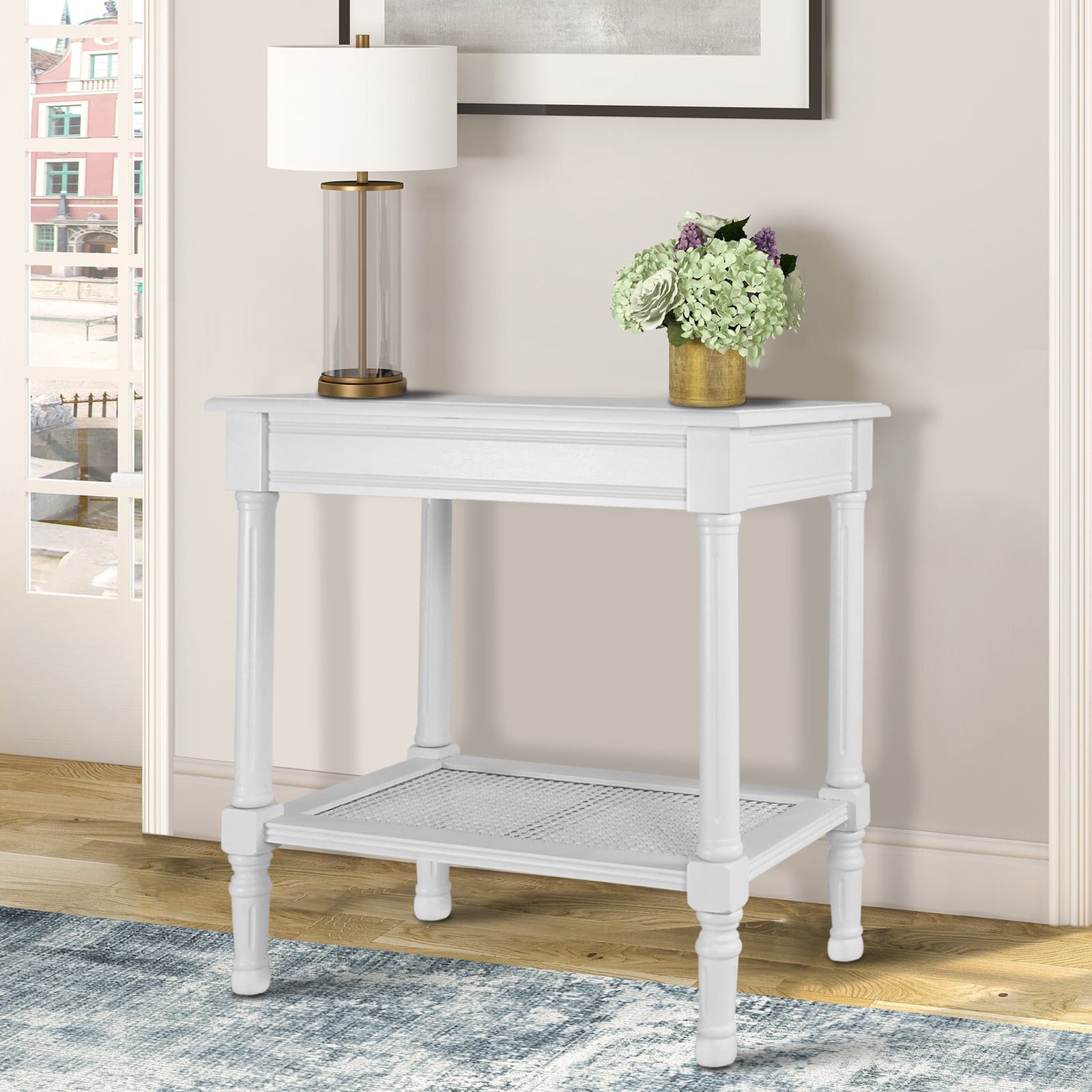 Cream Wood and Rattan Rectangular End Table with Storage
