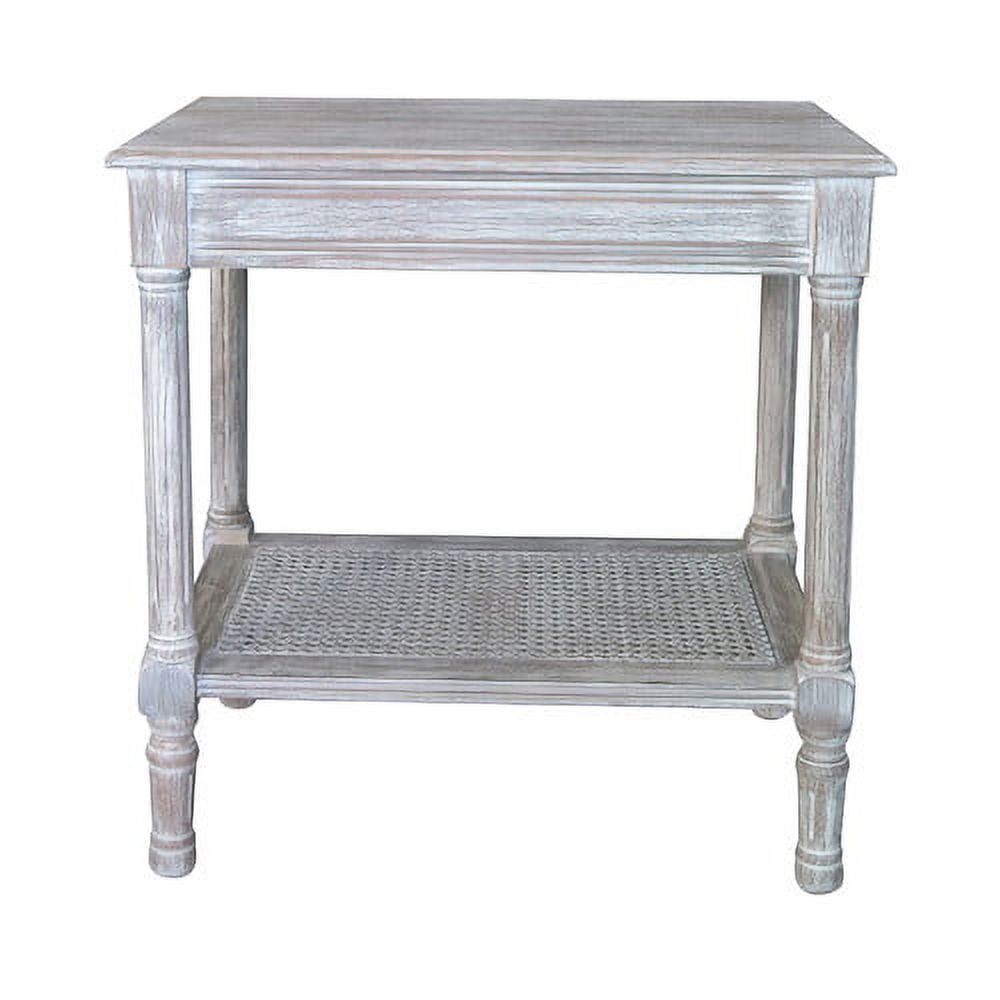 Distressed White Wood End Table with Rattan Shelf