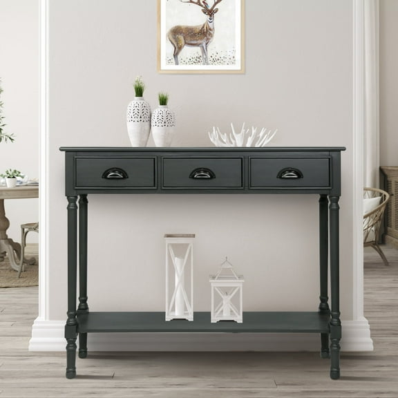 Urbanest Burlington Solid Wood Console Table with 3 Drawers & Lower Shelf – Entryway Table, Hallway Sofa Table, Narrow Accent Table for Living Room – 39.5″ × 9.5″ × 32″ – Gun Metal Farmhouse Decor