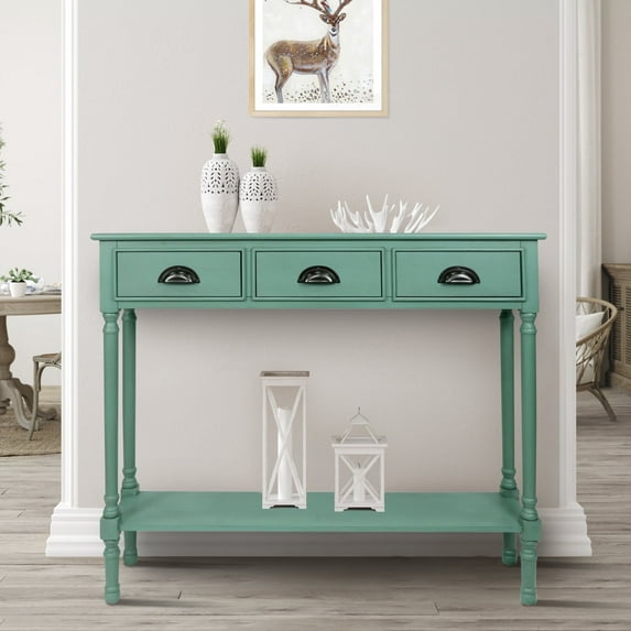 Urbanest Burlington Solid Wood Console Table with 3 Drawers Lower Shelf – Entryway Table, Hallway Sofa Table, Narrow Accent Table for Living Room – 39.5″ × 9.5″ × 32″ – Peacock Green Farmhouse Decor