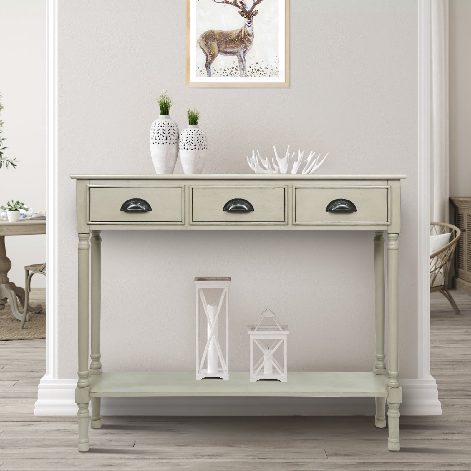 Urbanest Burlington Solid Wood Console Table with 3 Drawers & Lower Shelf – Entryway Table, Hallway Sofa Table, Narrow Accent Table for Living Room – 39.5″ × 9.5″ × 32″ – Light Gray Farmhouse Decor