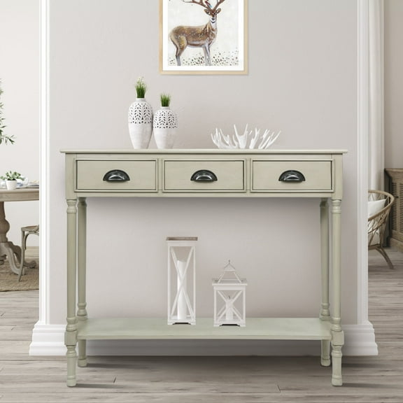 Urbanest Burlington Solid Wood Console Table with 3 Drawers & Lower Shelf – Entryway Table, Hallway Sofa Table, Narrow Accent Table for Living Room – 39.5″ × 9.5″ × 32″ – Light Gray Farmhouse Decor