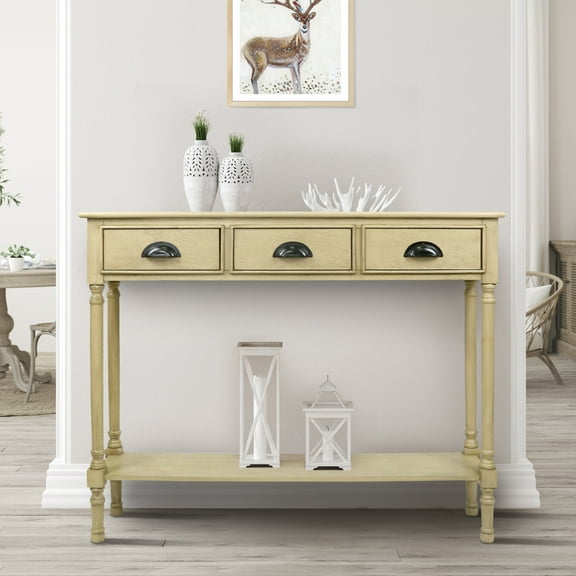 Urbanest Burlington Solid Wood Console Table with 3 Drawers & Lower Shelf – Entryway Table, Hallway Sofa Table, Narrow Accent Table for Living Room – 39.5″ × 9.5″ × 32″ – Beige Farmhouse Decor