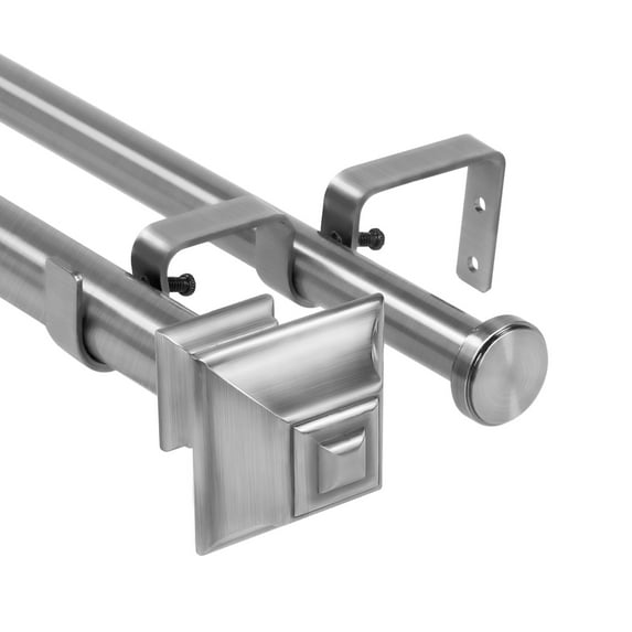 Urbanest Pila Flat Button 1" 3/4" Double Drapery Curtain Window Rod Set - 48" to 84", Brushed Steel