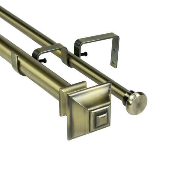 Urbanest Pila Flat Button 1" 5/8" Double Drapery Curtain Window Rod Set - 28" to 48", Antique Brass